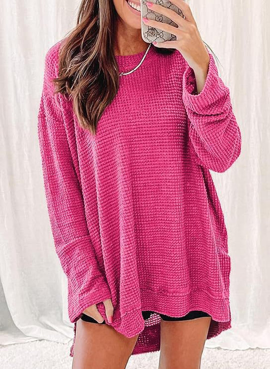 Damen Langärmliger Waffelstrick-Pullover mit offenem Schnitt und Seitenschlitzen Fudus