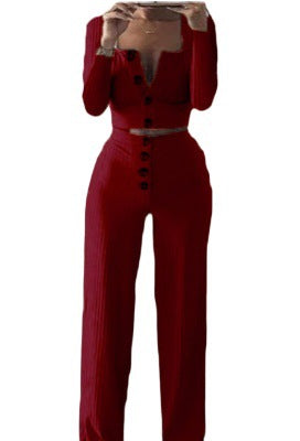 Damen Jumpsuit mit tiefem V-Ausschnitt und Knopfdetails Fudus
