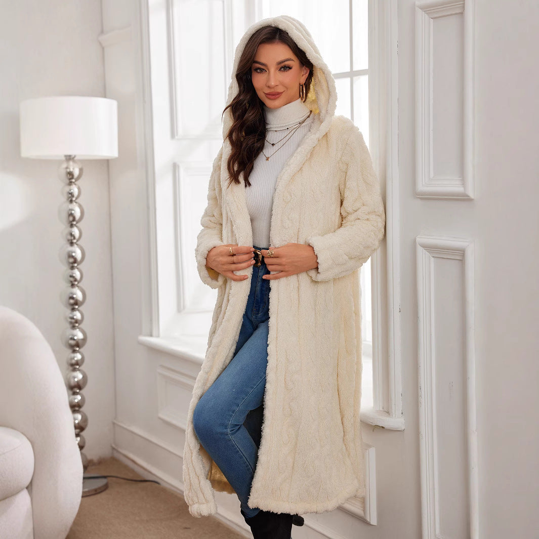 Damen Langer Plüsch-Mantel mit Kapuze Fudus