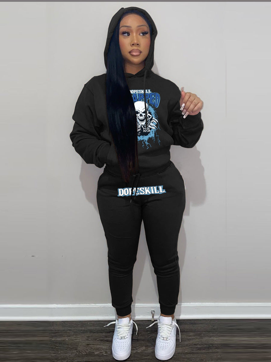 Damen Hoodie und Jogginghose Set mit auffälligem Skelettmotiv Fudus