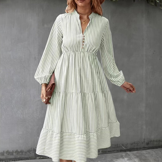 Damen Langärmeliges gestreiftes Kleid mit Knopfleiste Fudus