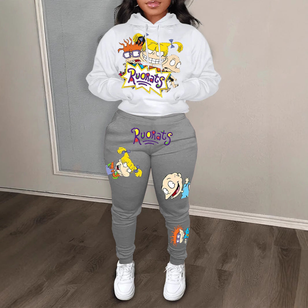 Damen Hoodie und Jogginghose Set mit farbenfrohen Cartoon-Motiven Fudus