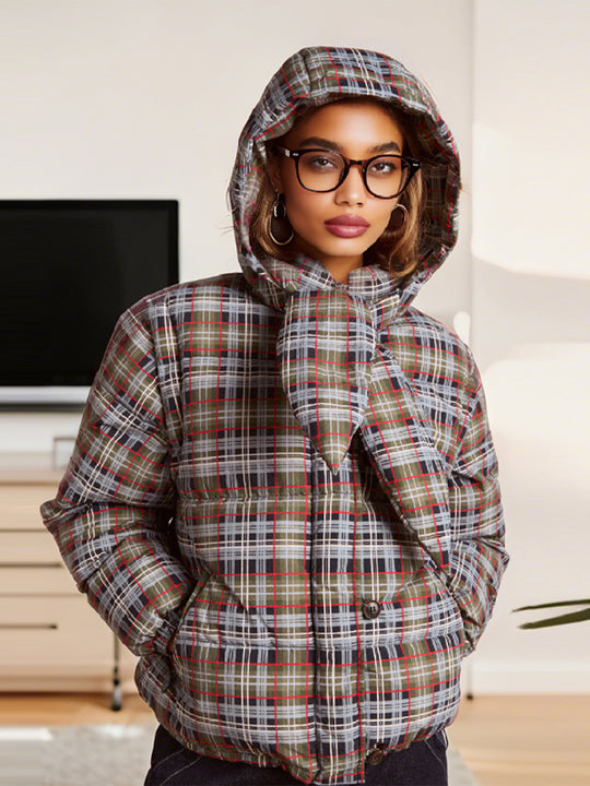 Damen Kurze Karierte Baumwolljacke mit Abnehmbarer Kapuze