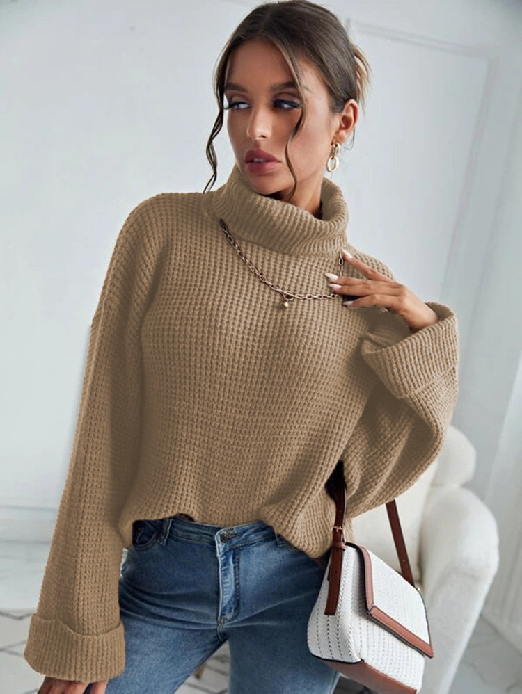 Damen Grobstrick Pullover mit hohem Kragen und lässigem Schnitt Fudus