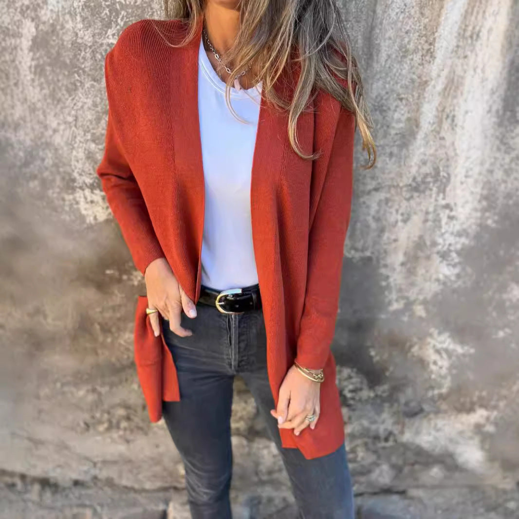 Damen Langstrickjacke mit praktischen Taschen und elegantem V-Ausschnitt Fudus