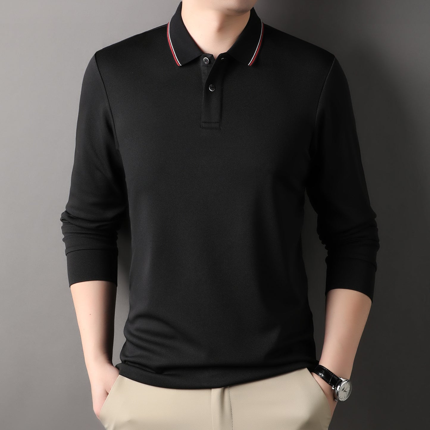 Herren elegantes Langarm-Polo mit modernem Kragen und stylischen Akzenten Fudus