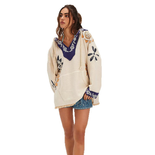 Damen Kapuzenponcho mit bunten Stickereien und fransigen Abschlüssen Fudus