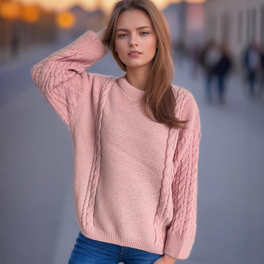Damen Grobstrickpullover mit eleganten Zopfmuster und lässigem Schnitt Fudus