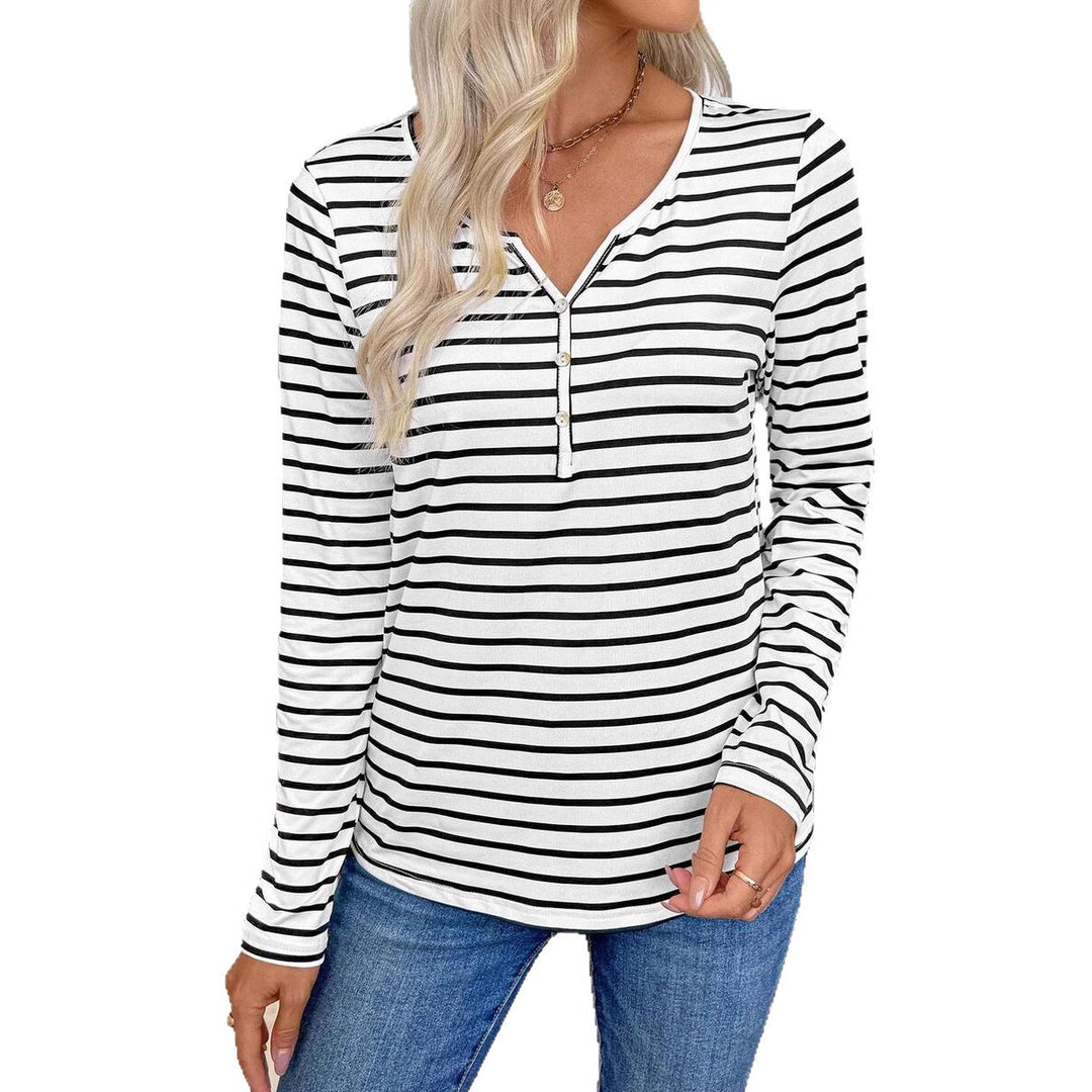 Damen Langarmshirt mit Knopfleiste und gestreiftem Design Fudus