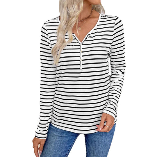 Damen Langarmshirt mit Knopfleiste und gestreiftem Design Fudus