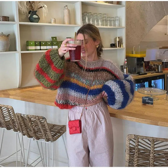 Damen Kuscheliger Strickpullover mit auffälligem Farbdesign Fudus