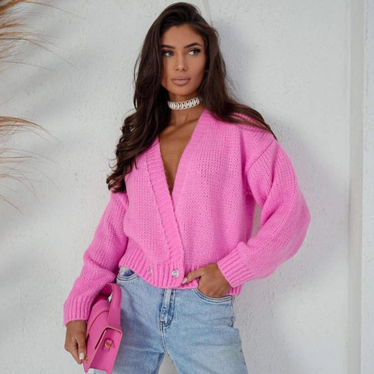 Damen kuschelige Strickjacke mit lockerer Passform und tiefem V-Ausschnitt Fudus