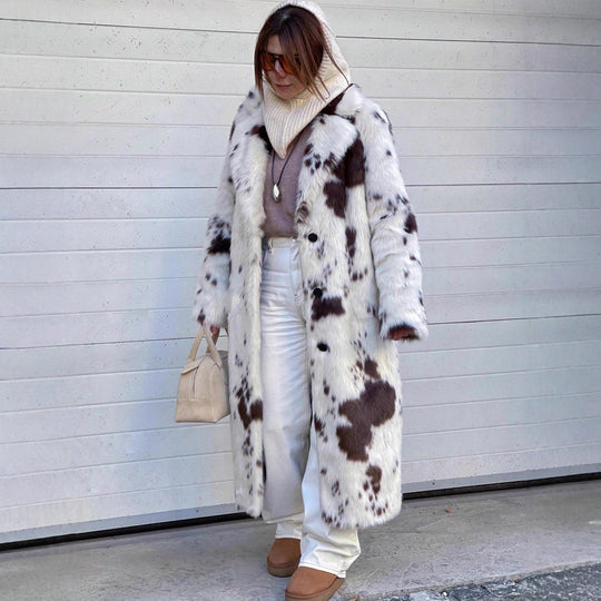 Damen Langhaarmantel mit modischem Punktdesign Fudus