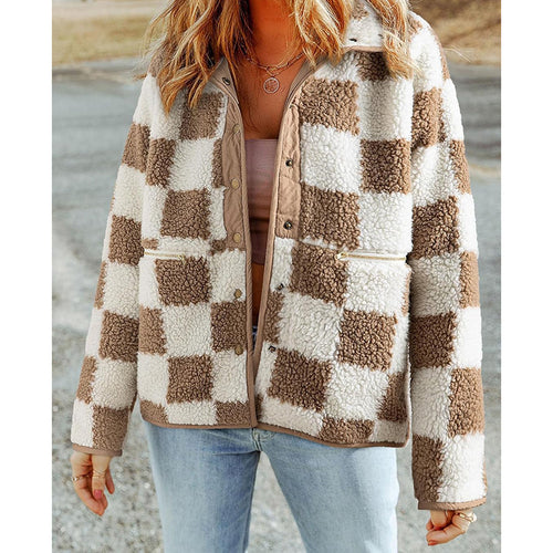 Damen Kuschelige Schafwolljacke mit modernen Karomustern Fudus