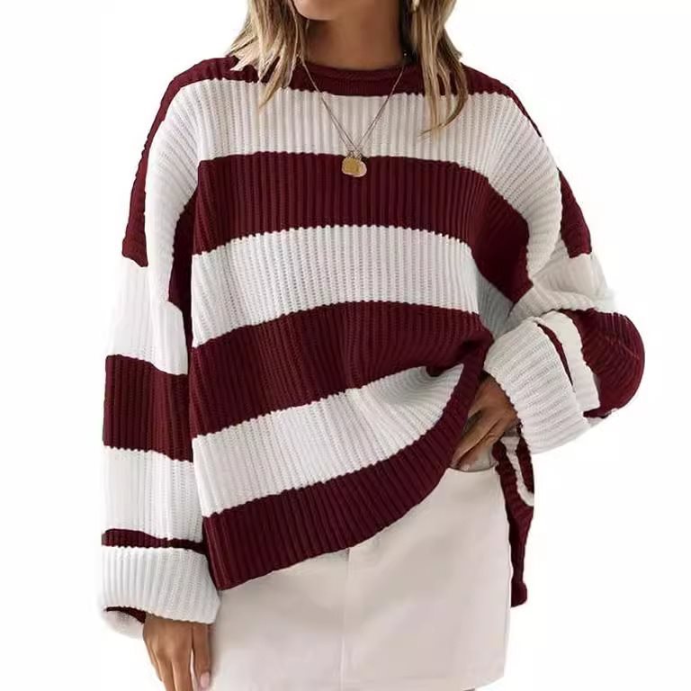Damen Gestreifter Strickpullover mit weitem Schnitt Fudus