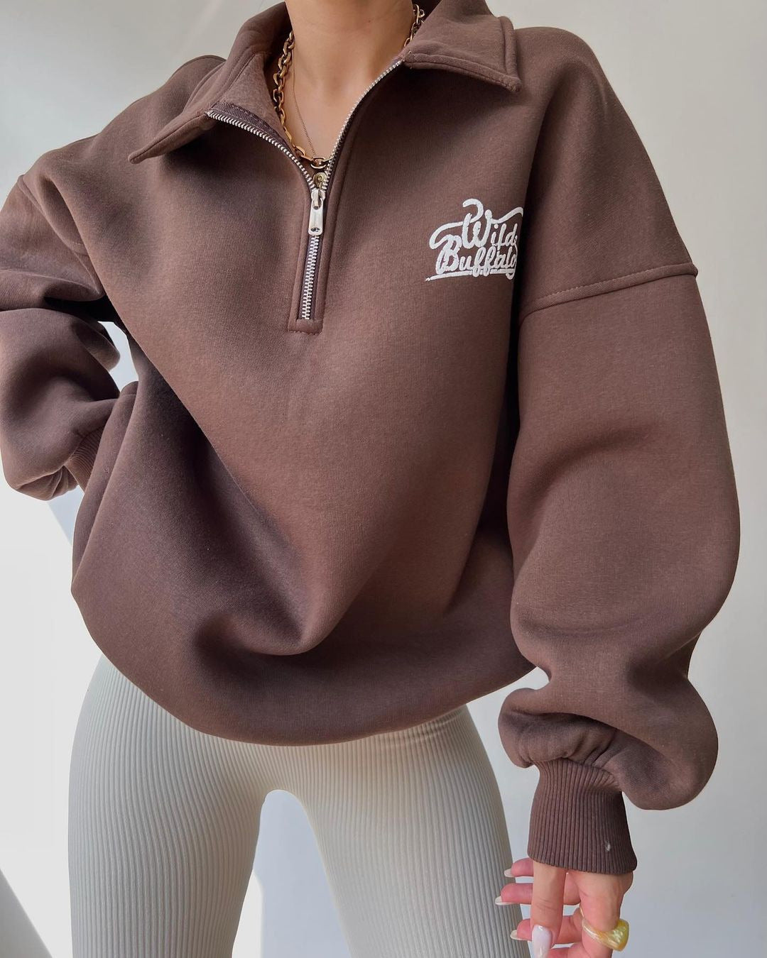 Damen Hoodie-Pullover mit hohem Kragen und Reißverschluss Fudus