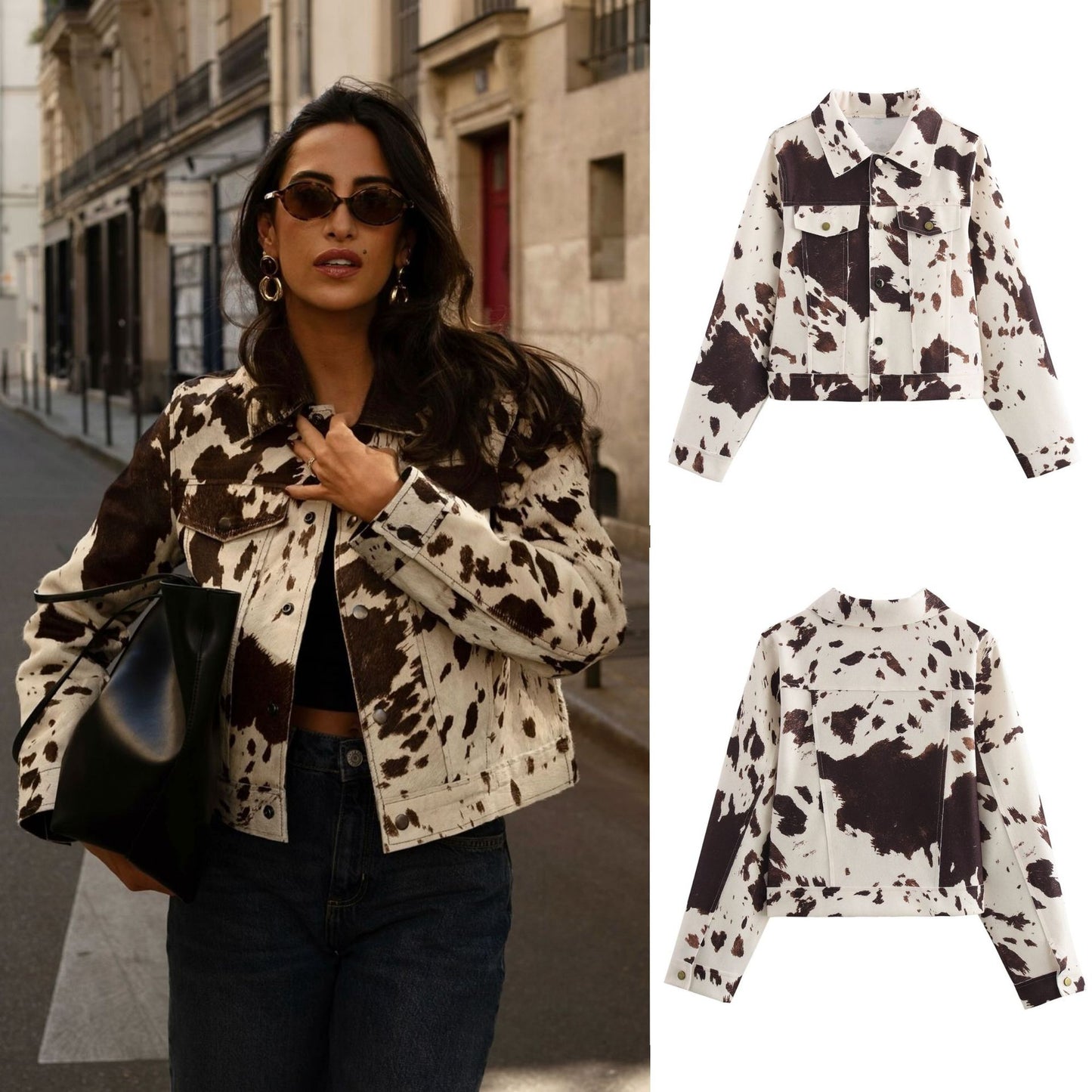 Damen Jeansjacke mit leuchtendem Kuhfell-Design und klassischen Pattentaschen Fudus