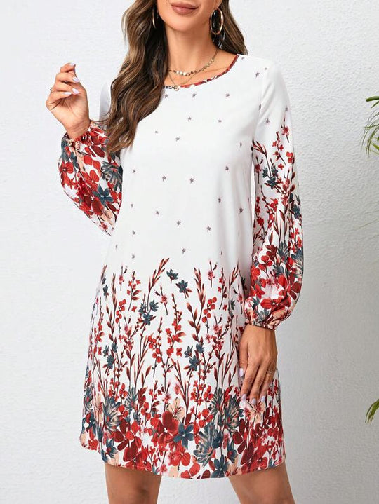 Damen Kleid mit floralen Muster und langen Puffärmeln Fudus