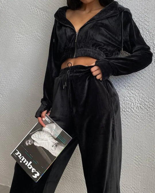 Damen kuscheliges Velours-Lounge-Set mit Kapuze Fudus