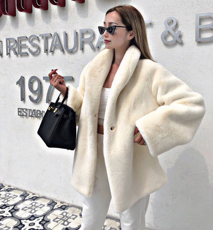 Damen Kuscheliger Teddy-Mantel mit großem Kragen und Taschen Fudus