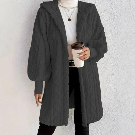 Damen kuscheliger Strickmantel mit Kapuze und gerafften Ärmeln Fudus