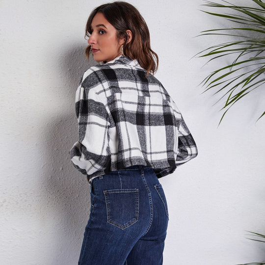 Damen Karierte Fleecejacke mit Knopfverschluss und praktischen Taschen Fudus