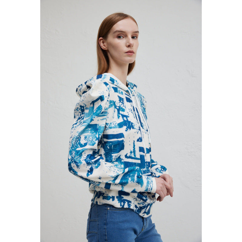 Damen Kapuzenpullover mit modischem Rüschendesign und kreativem Druck Fudus