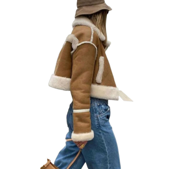 Damen kurze Lederjacke mit kunstpelzbesatz Fudus