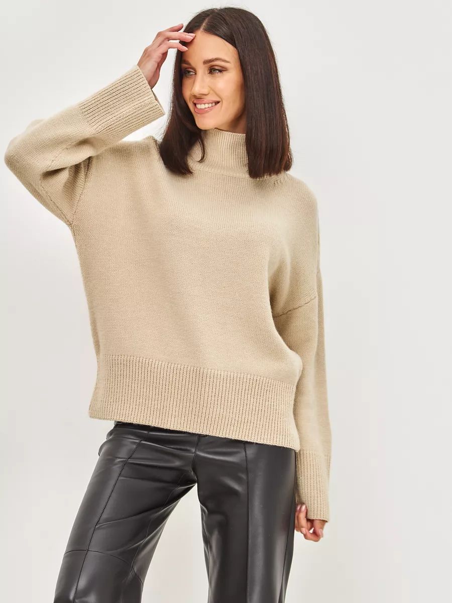 Damen Grobstrickpullover mit hohem Kragen und modernen Ärmeln Fudus