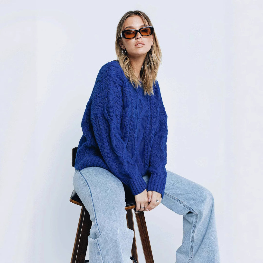 Damen Grobstrickpullover mit voluminösen Ärmeln und klassischem Zopfmuster Fudus