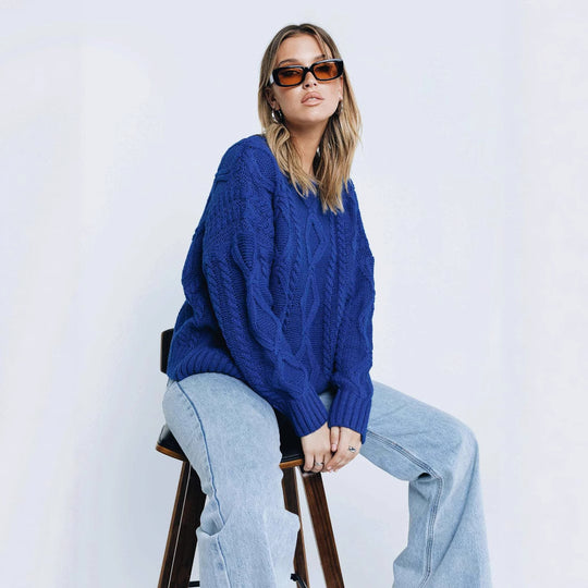 Damen Grobstrickpullover mit voluminösen Ärmeln und klassischem Zopfmuster Fudus