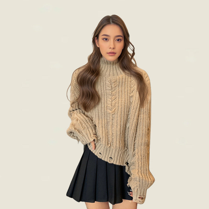 Damen Grobstrickpullover mit hohem Kragen und strukturiertem Design Fudus