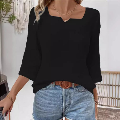 Damen lässige Bluse mit quadratischem Ausschnitt und 3/4-Ärmeln Fudus