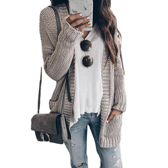 Damen Grobstrickcardigan mit großen Taschen und offener Front Fudus