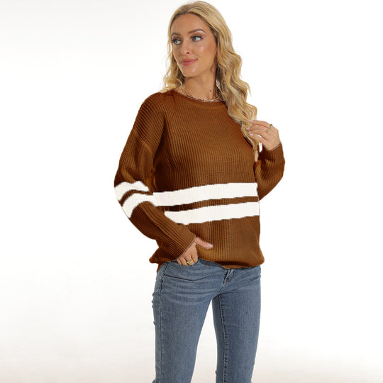 Damen Grobstrickpullover mit sportlichem Streifenmuster und lockerer Passform Fudus