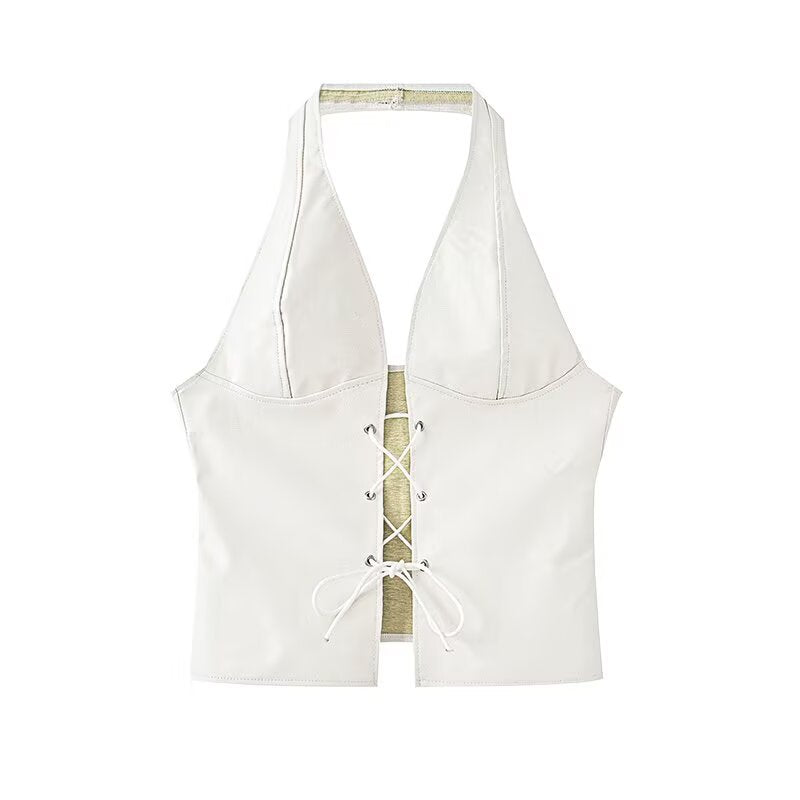Damen Halter Neck Faux Leather Crop Top