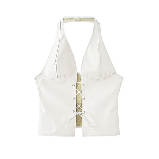 Damen Halter Neck Faux Leather Crop Top