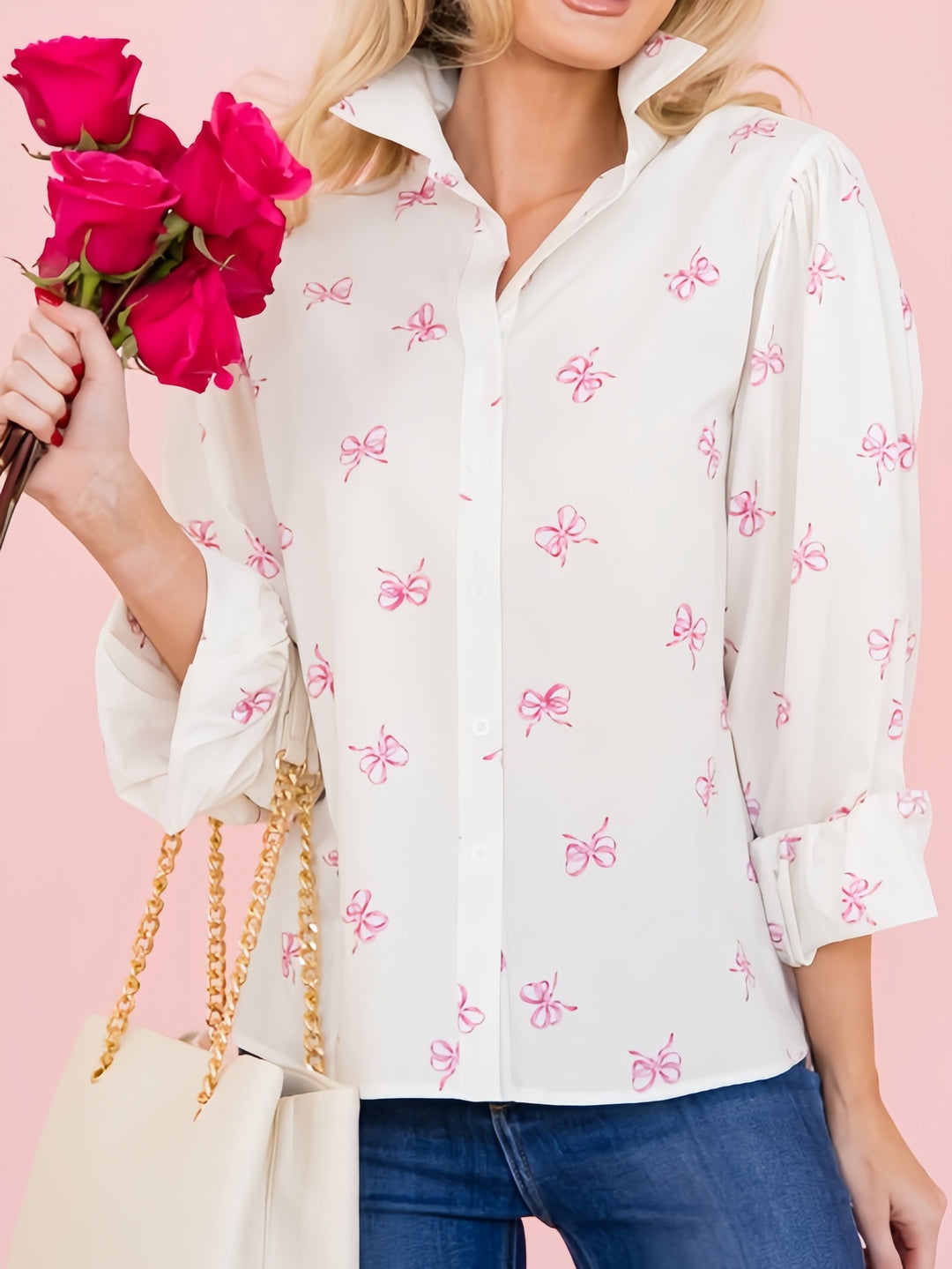 Damen Hemdbluse mit verspieltem Schleifenmuster Fudus