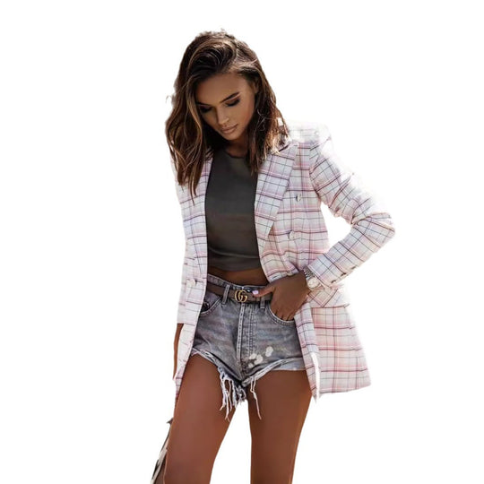 Damen Karierter Blazer mit doppelter Knopfreihe und eleganten Details Fudus