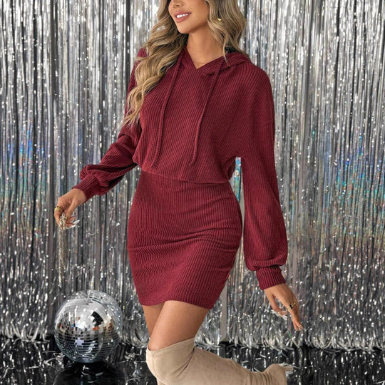 Damen Hoodie Kleid mit Rippstruktur und weitem Schnitt Fudus