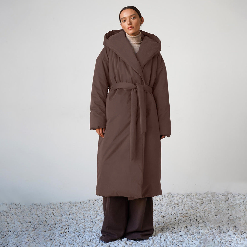 Damen Langmantel mit breitem Kragen und Taillengürtel Fudus