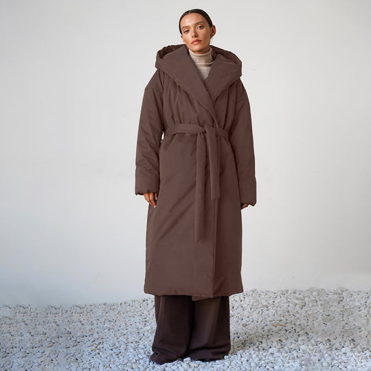 Damen Langmantel mit breitem Kragen und Taillengürtel Fudus