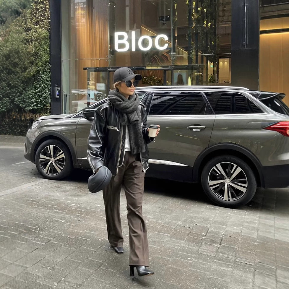 Damen lässige Lederjacke mit elastischem Saum Fudus