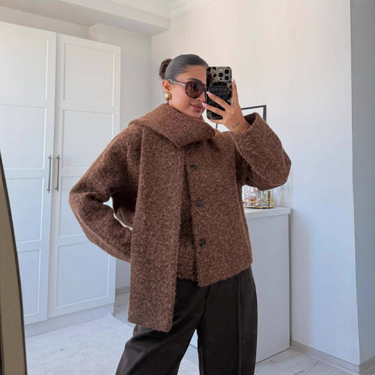 Damen kuschelige Oversized-Jacke mit hohem Kragen und Button-Details Fudus