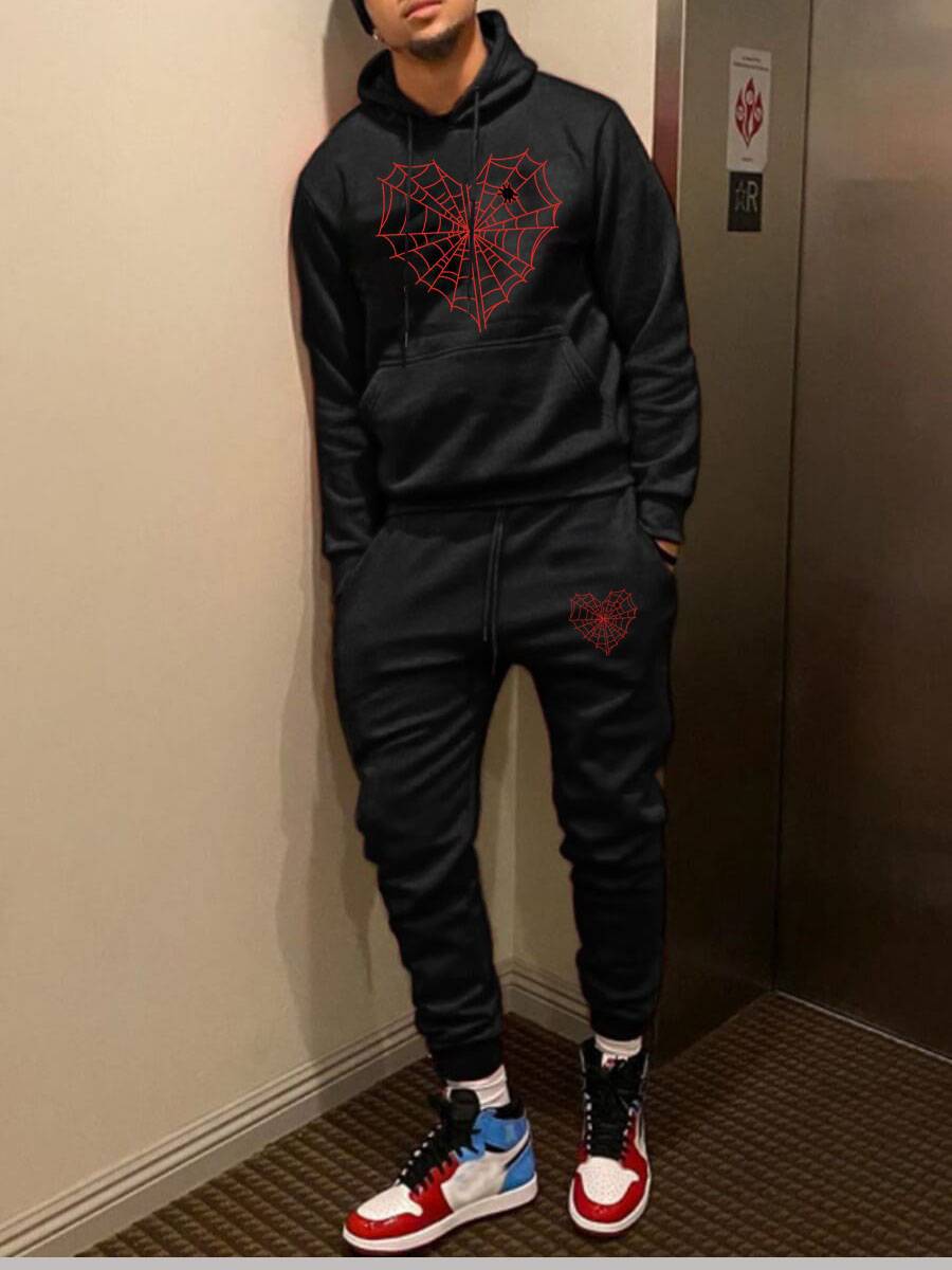 Damen Kapuzenpullover und Jogginghose Set mit kreativem Spinnennetz-Motiv Fudus