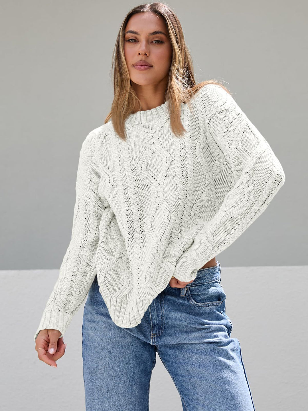 Damen Grobstrickpullover mit Wellenmuster und weitem Schnitt Fudus