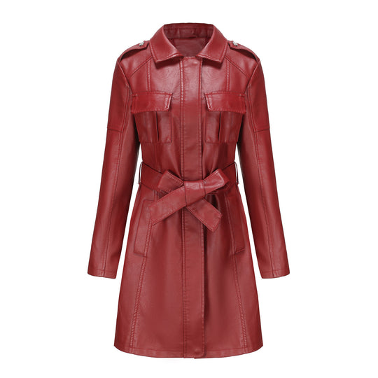 Damen modischer Leder-Trenchcoat Fudus