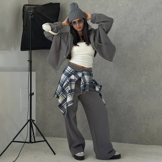 Damen lässige Oversized Hoodie Jacke mit seitlichen Taschen Fudus