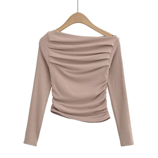 Damen langärmliges Oberteil mit gerafftem Design und asymmetrischem Ausschnitt Fudus