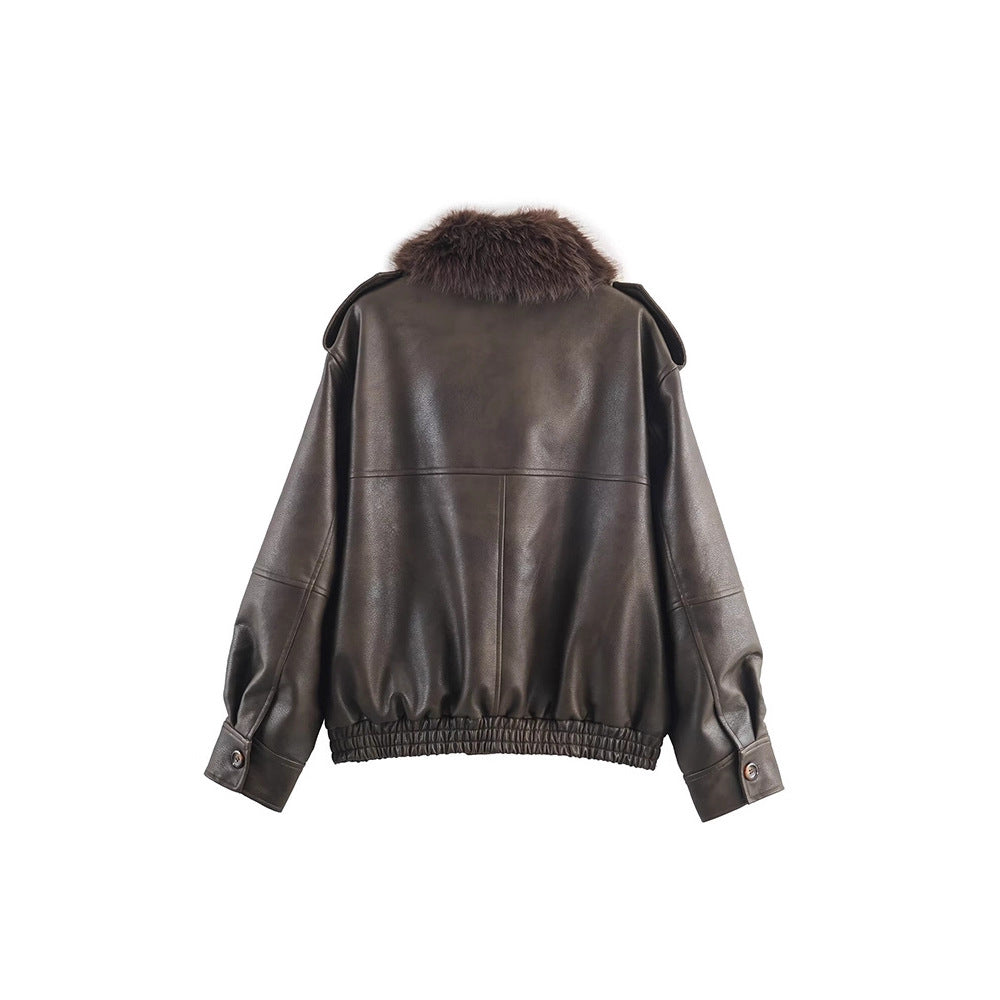 Damen Kunstlederjacke mit abnehmbarem Kunstfellkragen und praktischen Taschen Fudus